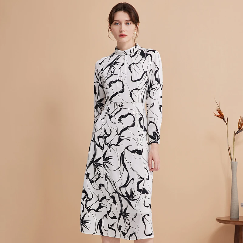 EITIE爱特爱秋款新品显瘦高腰舒适印花复古连衣裙7507216