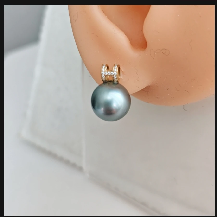 11-12mm天然海水大溪地黑珍珠耳钉18k重金针镶嵌灰蓝色正圆强光