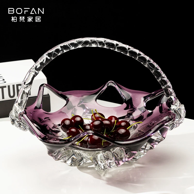 bofan/柏梵琉璃紫色创意镂空手提篮水果盘轻奢家居艺术果盘装饰品