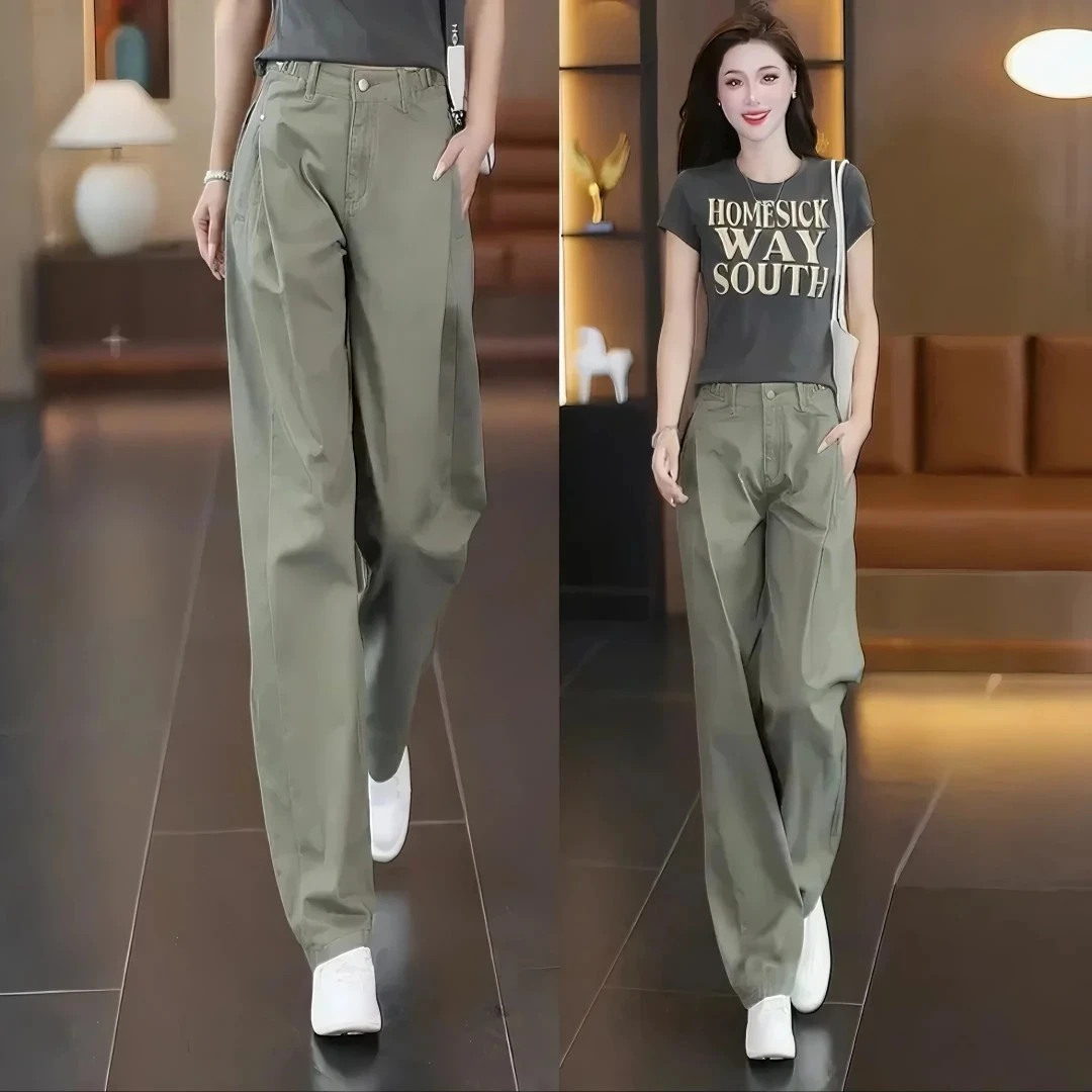 军绿色工装裤女春秋百搭2025新款宽松弯刀裤设计感垂感窄版阔腿裤