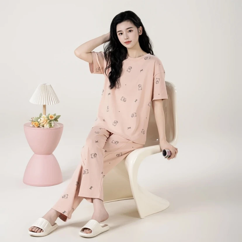拍一发三夏季新款圆领套头棉质女睡衣套装简约可外穿家居服带胸垫