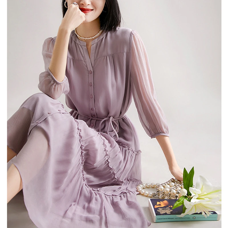 连衣裙女新款法式高级感气质绝美别致七分袖仙女裙6250