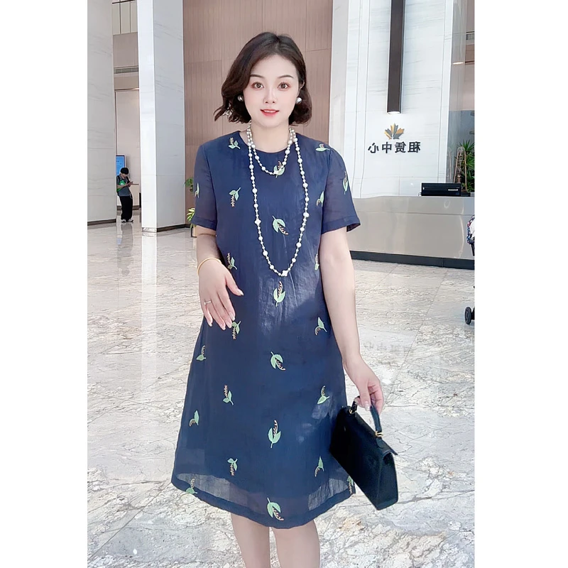 【深圳南油】藏青色重工刺绣连衣裙宽松显瘦气质简约百搭绣花裙子女