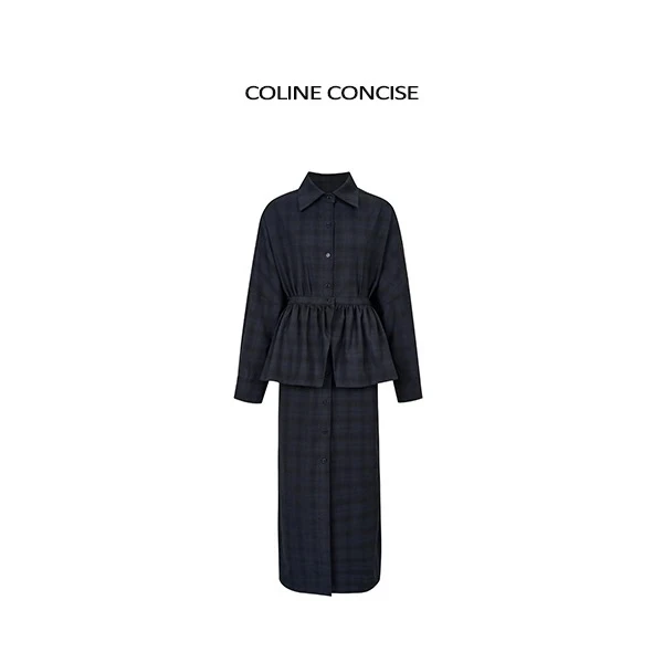 COLINE CONCISE2025SS小众设计感黑蓝格子衬衫连衣裙Z77867#