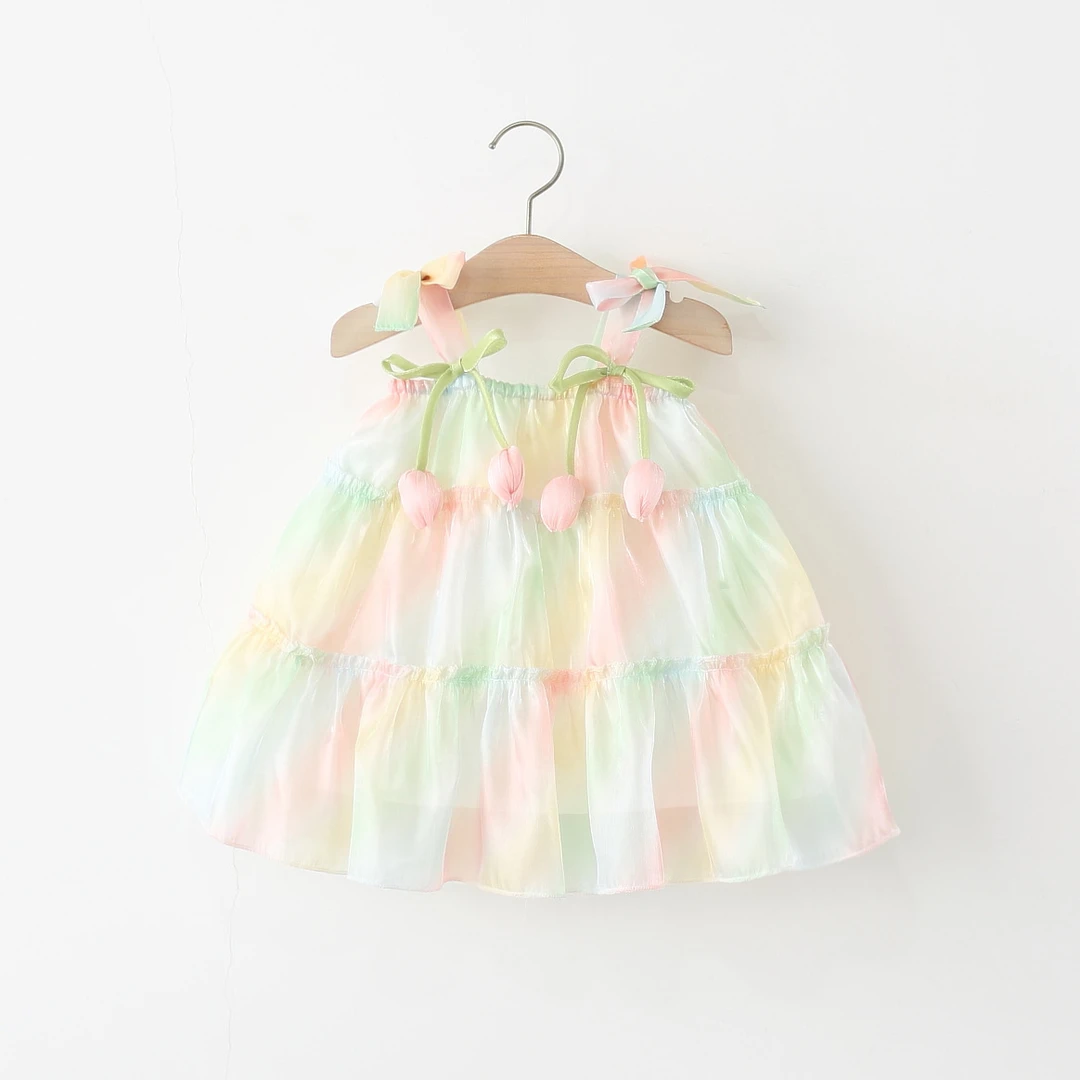 女童连衣裙夏季儿童宝宝彩虹色郁金香吊带背心裙洋气小童公主裙子