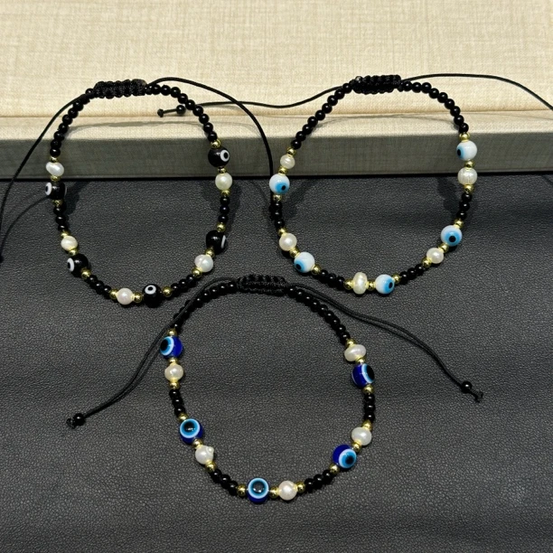 铜合金仿水晶手链 GULUM 476 手工黑色情侣手链编织可调节复古