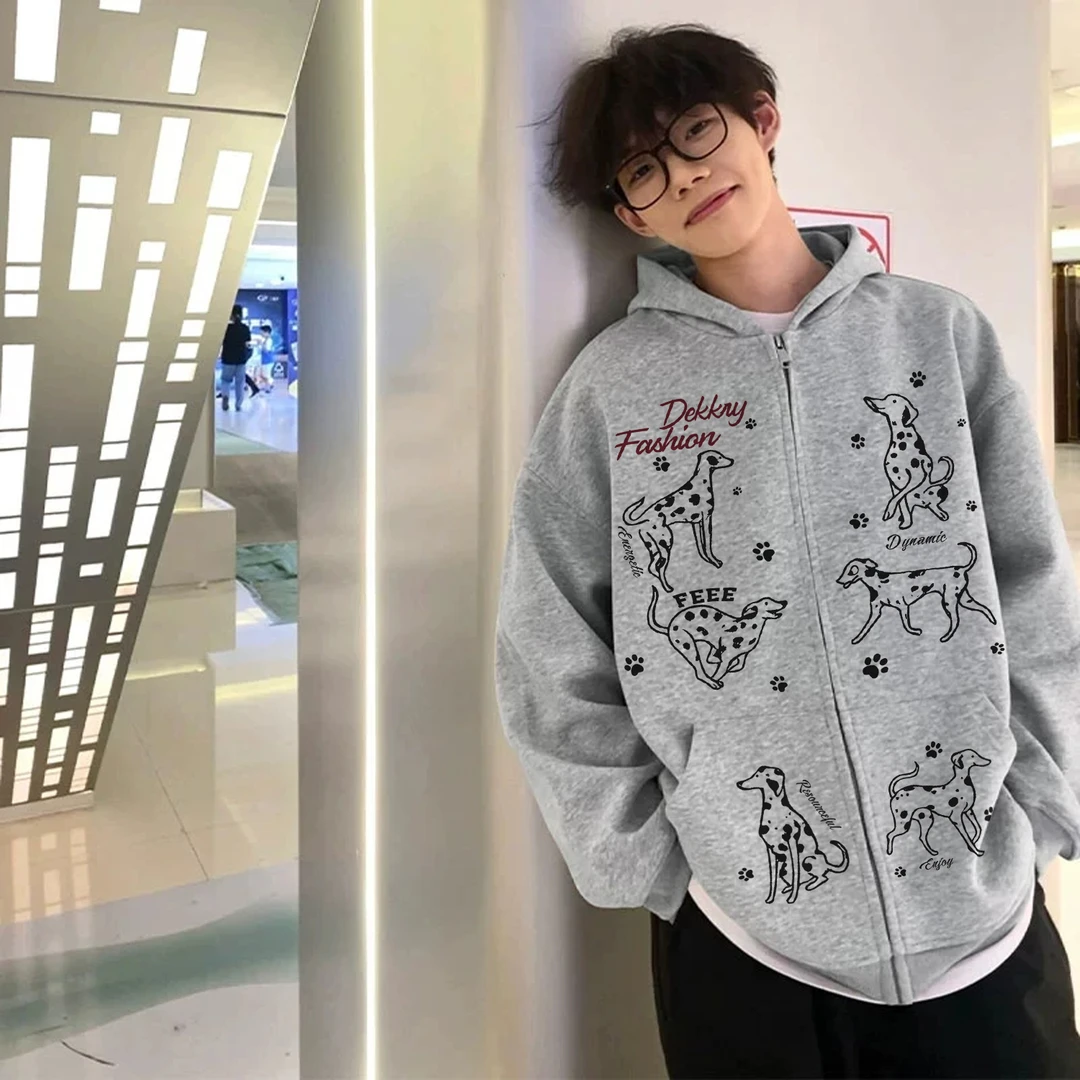美式手绘小狗字母印花拉链开衫外套男女秋冬季休闲百搭连帽卫衣潮