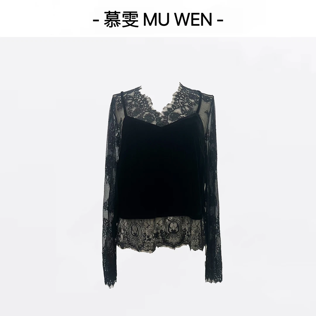 【北极星】进口高定手工坊蕾丝拼接丝绒显瘦上衣251466864