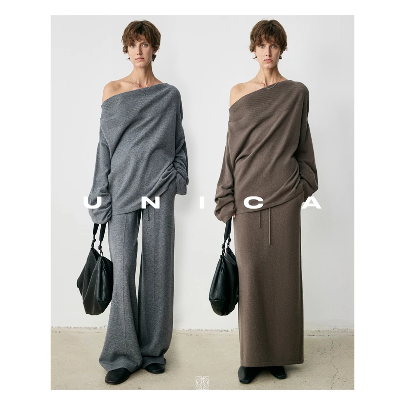UNICA/轻简露肩慵懒_云感羊绒羊毛针织衫长裤半裙套装
