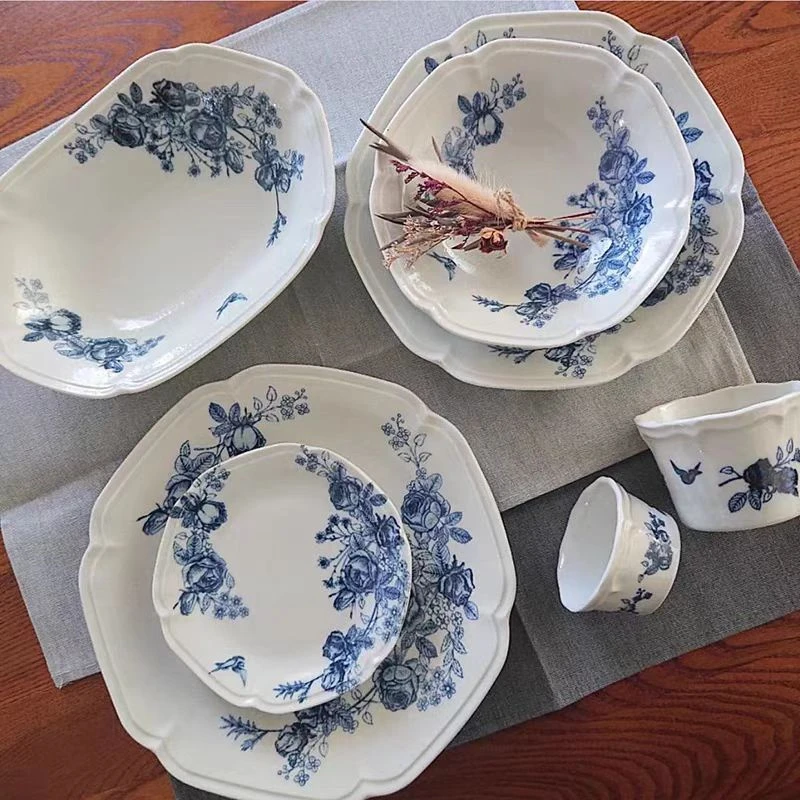 日本进口美浓古典玫瑰釉下彩陶瓷餐盘复古