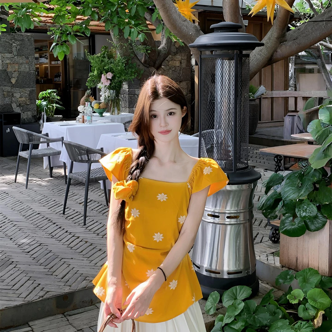 502复古度假风刺绣小飞飞袖收腰韩版小衫高腰阔腿休闲裤