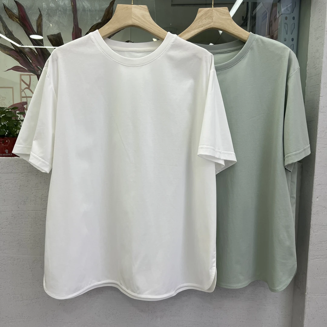 水木工芳2025新款时尚百搭显瘦圆领纯色短袖T恤女9022