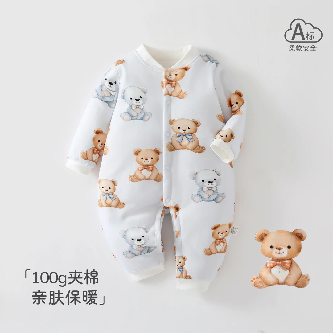新生儿哈衣夹棉爬服保暖衣婴幼儿连体衣无骨婴儿秋冬衣服外出服