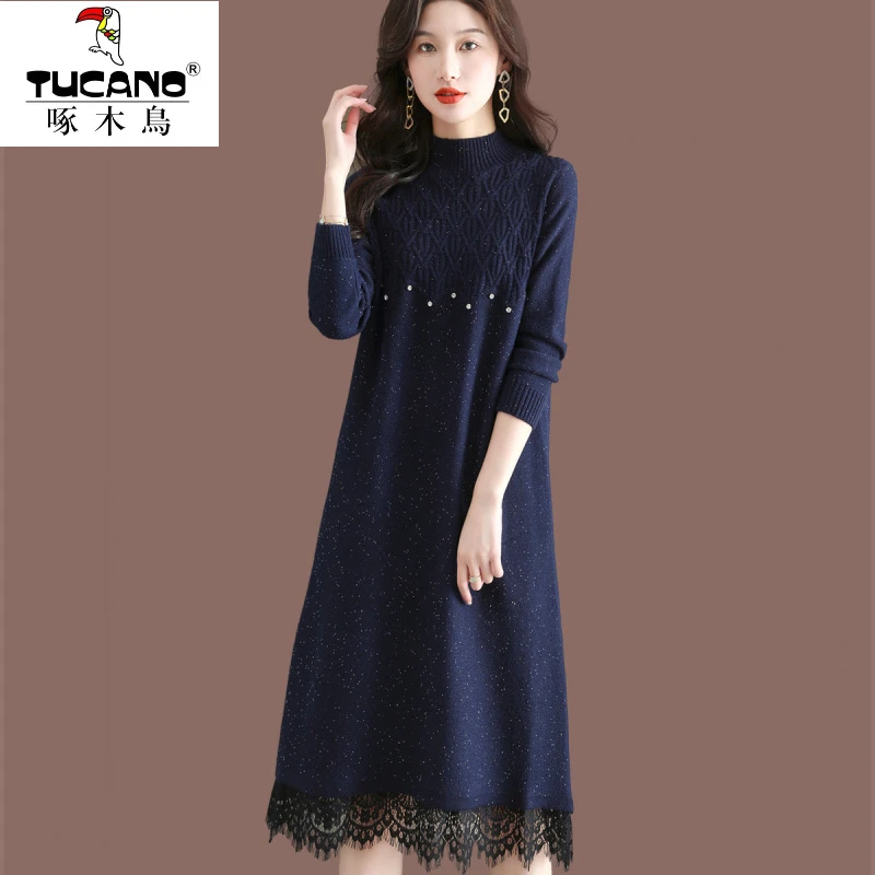 啄木鸟秋冬新款气质半高领蕾丝拼接羊毛针织连衣裙女显瘦减龄洋气