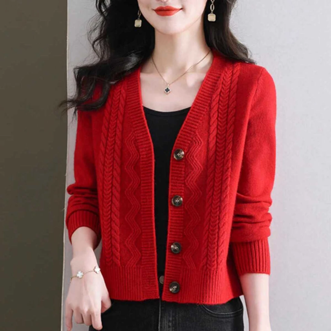 鄂尔多斯市纯100羊毛衫针织开衫女短款外套春秋毛衣慵懒风小个子