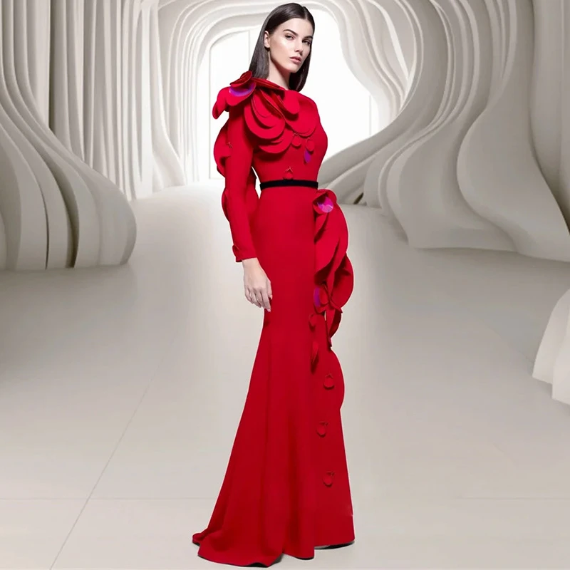 现货2025新款欧美时尚明星礼服长裙重工立体花瓣小拖尾长款连衣裙