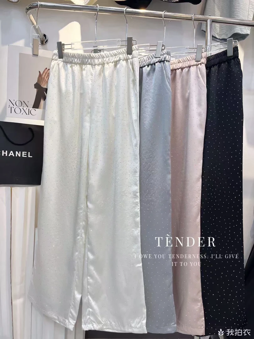 新款夏季缎面烫钻阔腿拖地裤