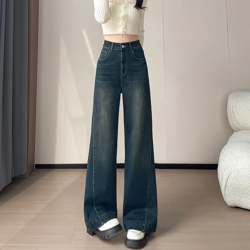 蜜蜜穿搭复古蓝阔腿牛仔裤女2025秋季拼接直筒弹力裤梨形喇叭裤子