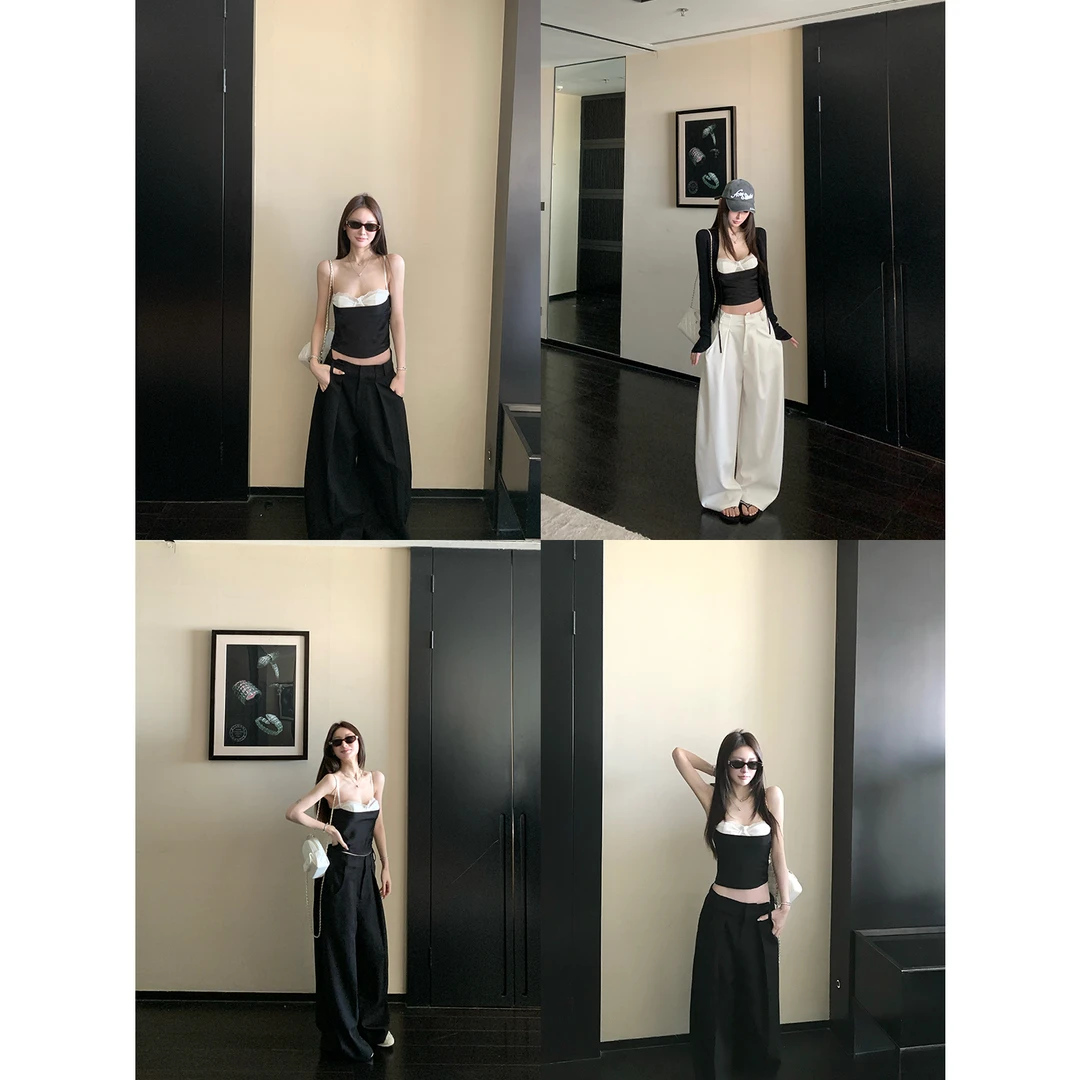 SKKSkk Store 娇野芍药 纯欲甜辣风蕾丝拼接缎面吊带女夏外穿上衣