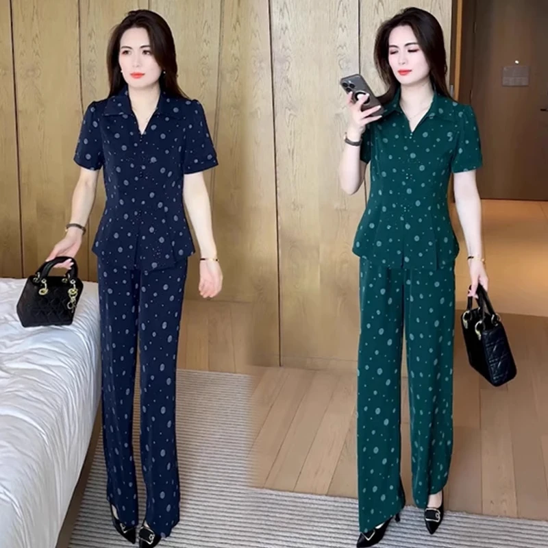 时尚波点套装女2025夏新款洋气质显瘦休闲短袖上衣阔腿裤两件套潮