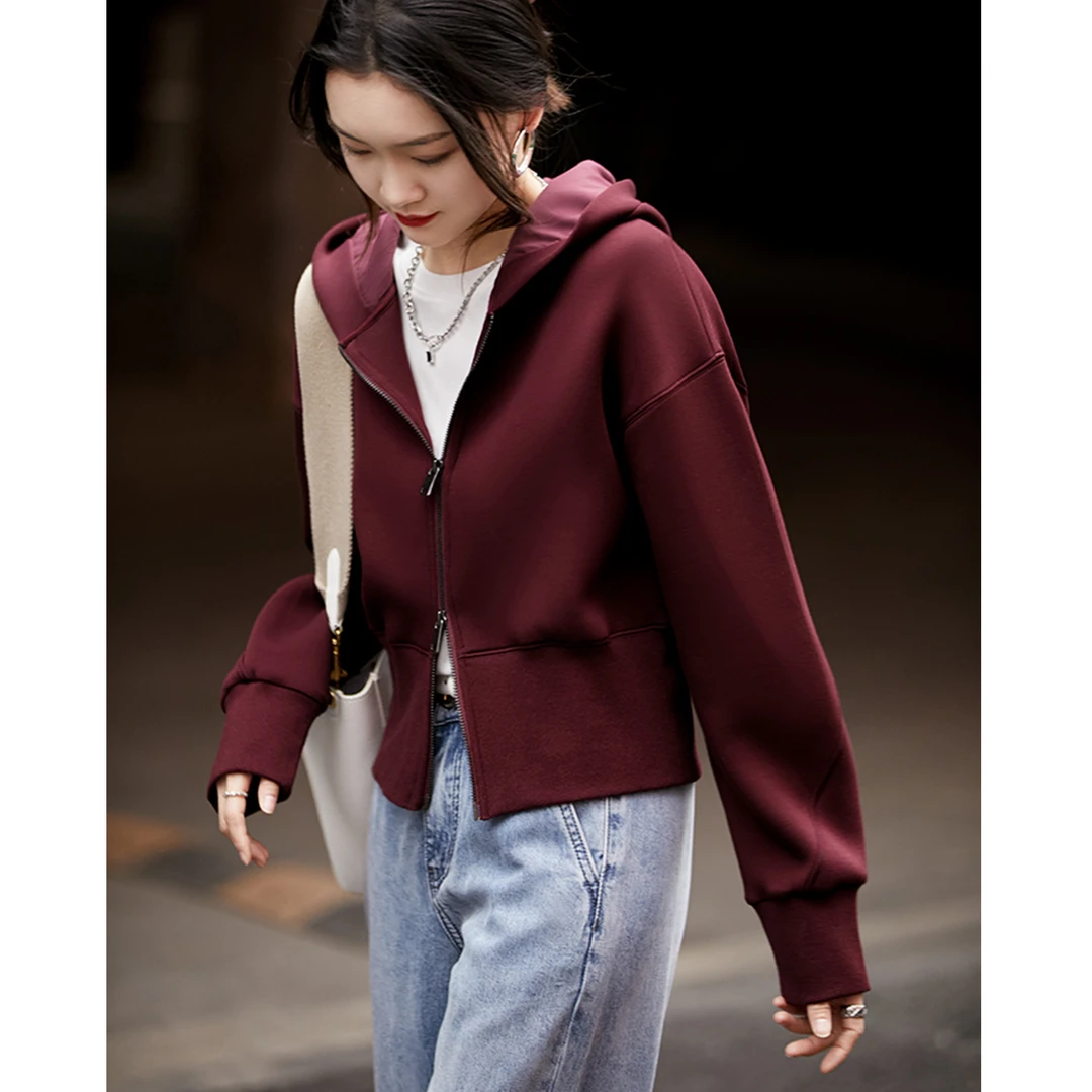 SS389减龄利器舒适绵软空气感卫衣料拉链连帽短款外套