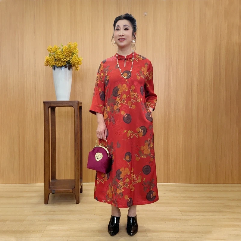 旭丹妮复古国风改良旗袍2025夏季新款《柿柿如意》气质七分袖82504