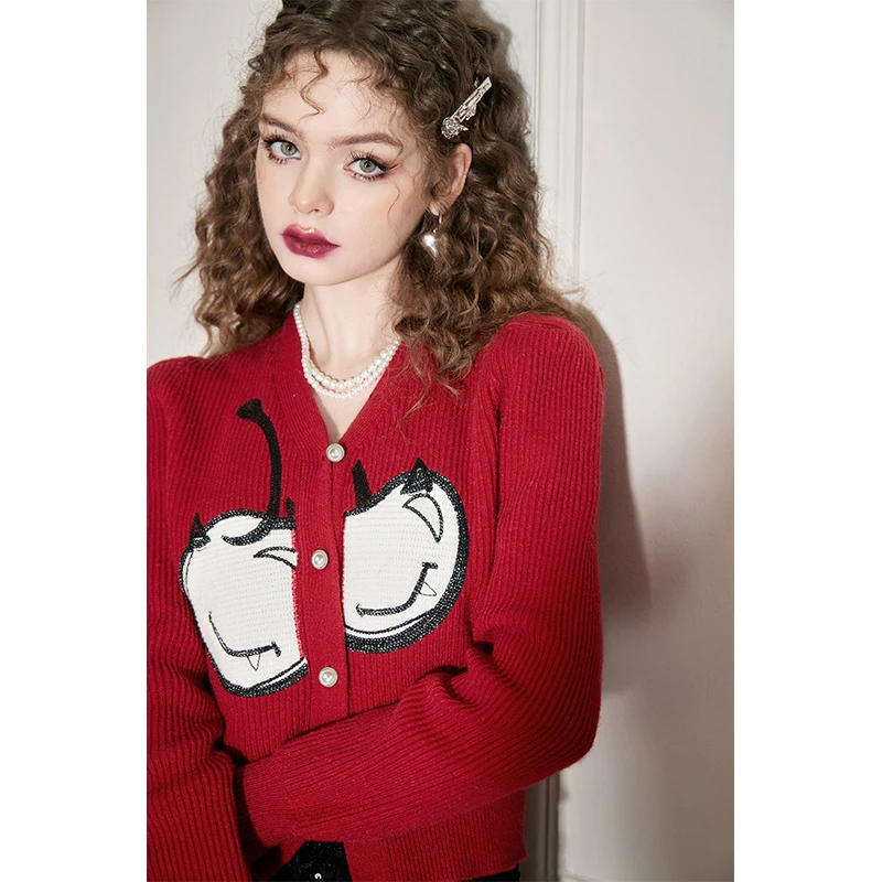 【商城】妖精的口袋红色樱桃毛衣开衫秋新款v领正肩