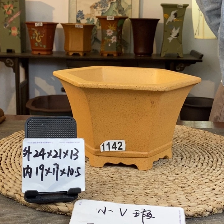 花盆紫砂   微微瑕柴烧六方1142