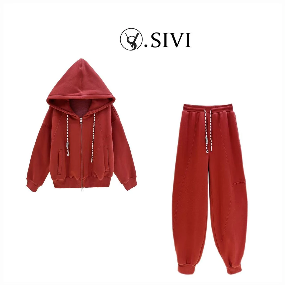 熙薇【新春氛围】冬季新款休闲加绒新年红卫衣套装F7659