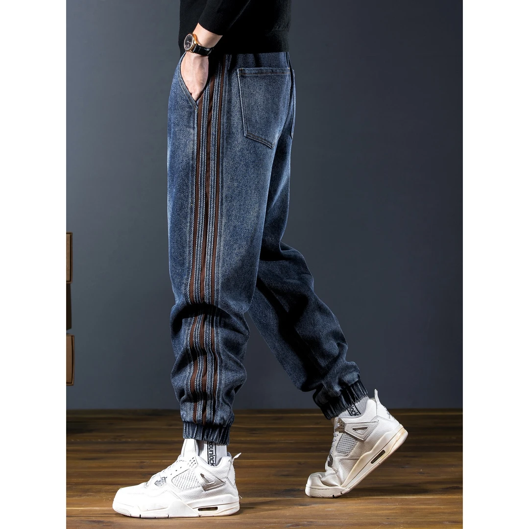 MR.MUDI/穆迪先生秋冬款重磅牛仔裤男宽松束脚哈伦裤子条纹休闲裤