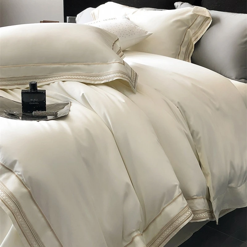 新款100S高奢简约匹马棉四件套刺绣纯色棉被棉被套床上用品批发套