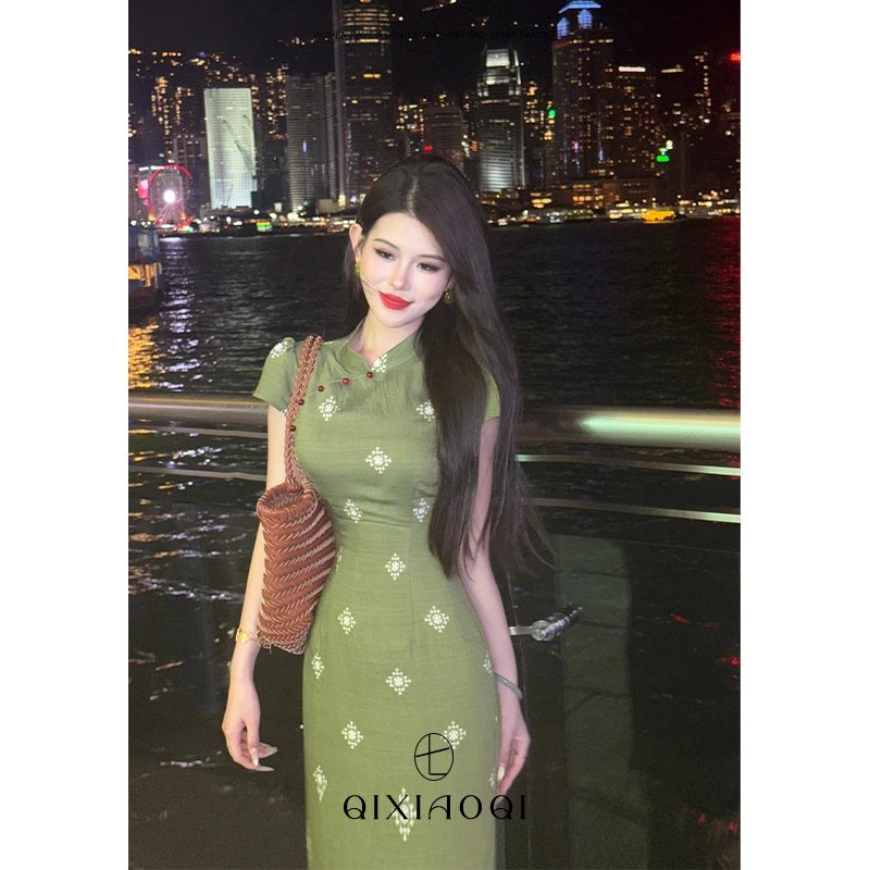 七小七Sicily【青花墨韵】新中式绿色显瘦气质名媛感旗袍款连衣裙夏