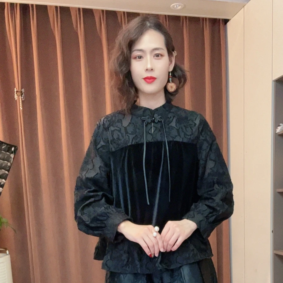沐染家 提花丝绒拼接显瘦不起球旗袍领秋季宽松型