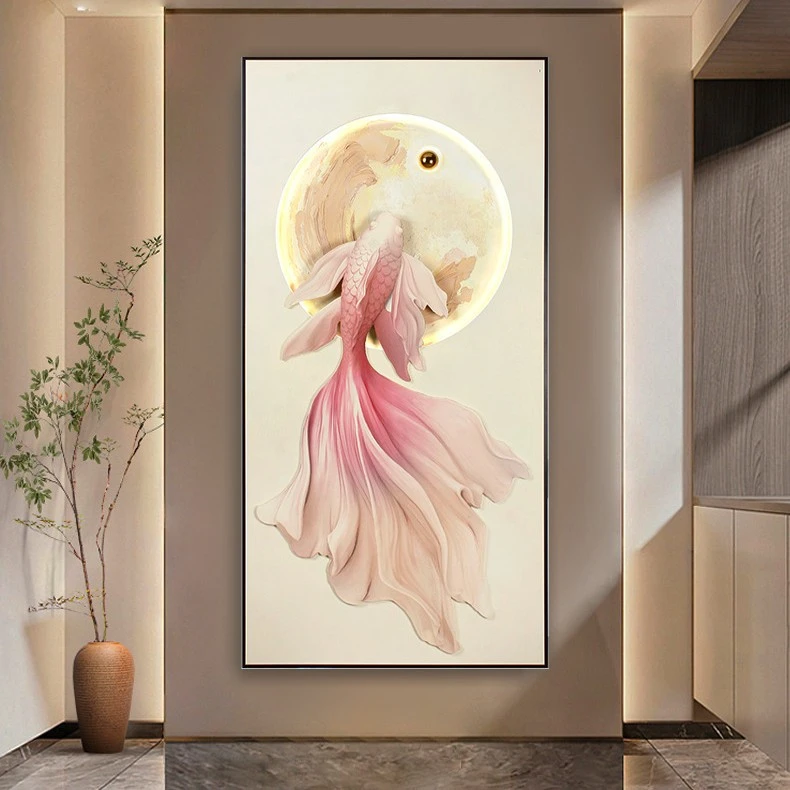 奶油风立体砂岩画锦鲤玄关装饰画led氛围灯画高档入户正对门挂画