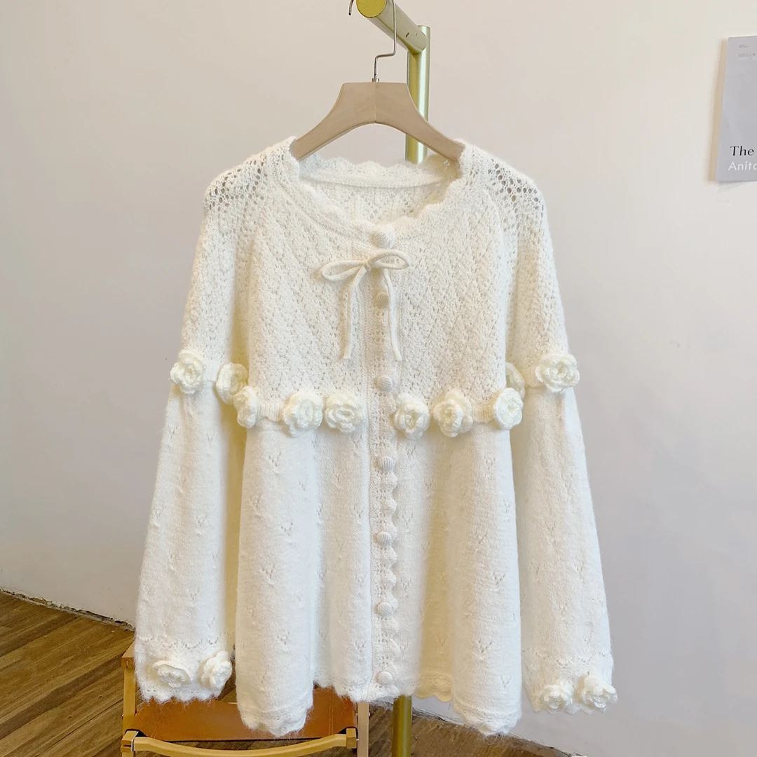 奶油玫瑰C4865蝴蝶结立体钩花波浪边圆领针织开衫毛衣