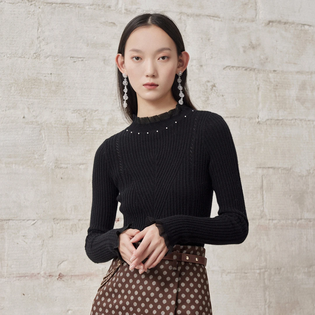 【蜜思仝】MAXRIENY加绒套头假两件上衣女春季毛针织衫