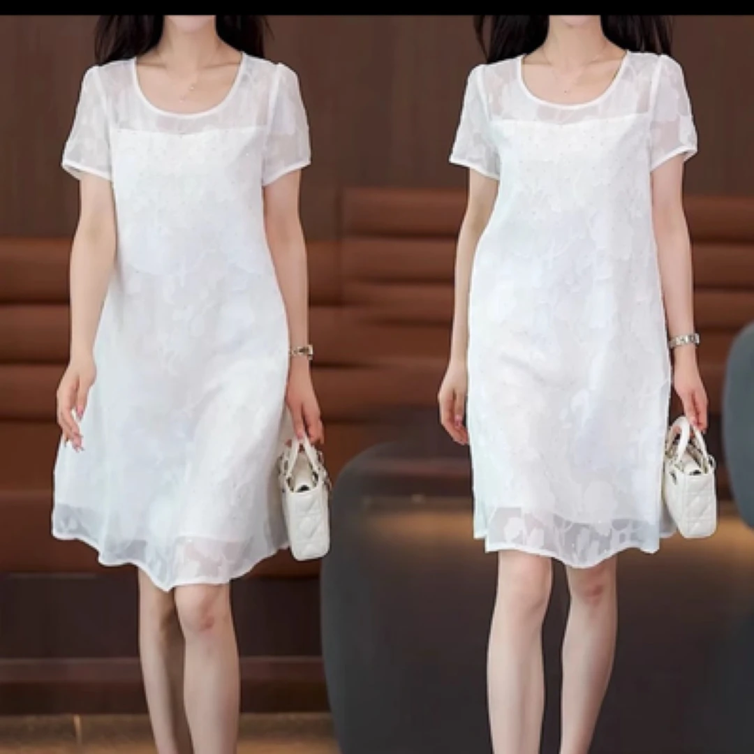8731#【裙长88】夏季新款洋气显瘦宽松遮肚子中长款雪纺A字连衣裙女