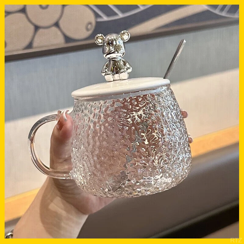 锤纹小熊杯子ins高颜值花茶杯简约早餐玻璃杯带盖可爱马克杯水杯