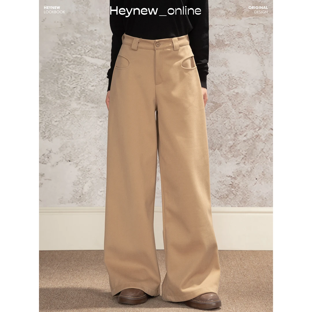 【HEYNEW黑妞】设计感U型口袋毛呢西装裤女冬高腰阔腿长裤5Q797