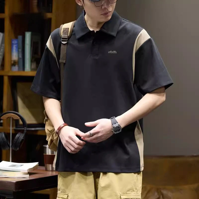 潮龛夏季新款短袖T恤POLO衫男士宽松潮牌拼接撞色休闲翻领上衣男