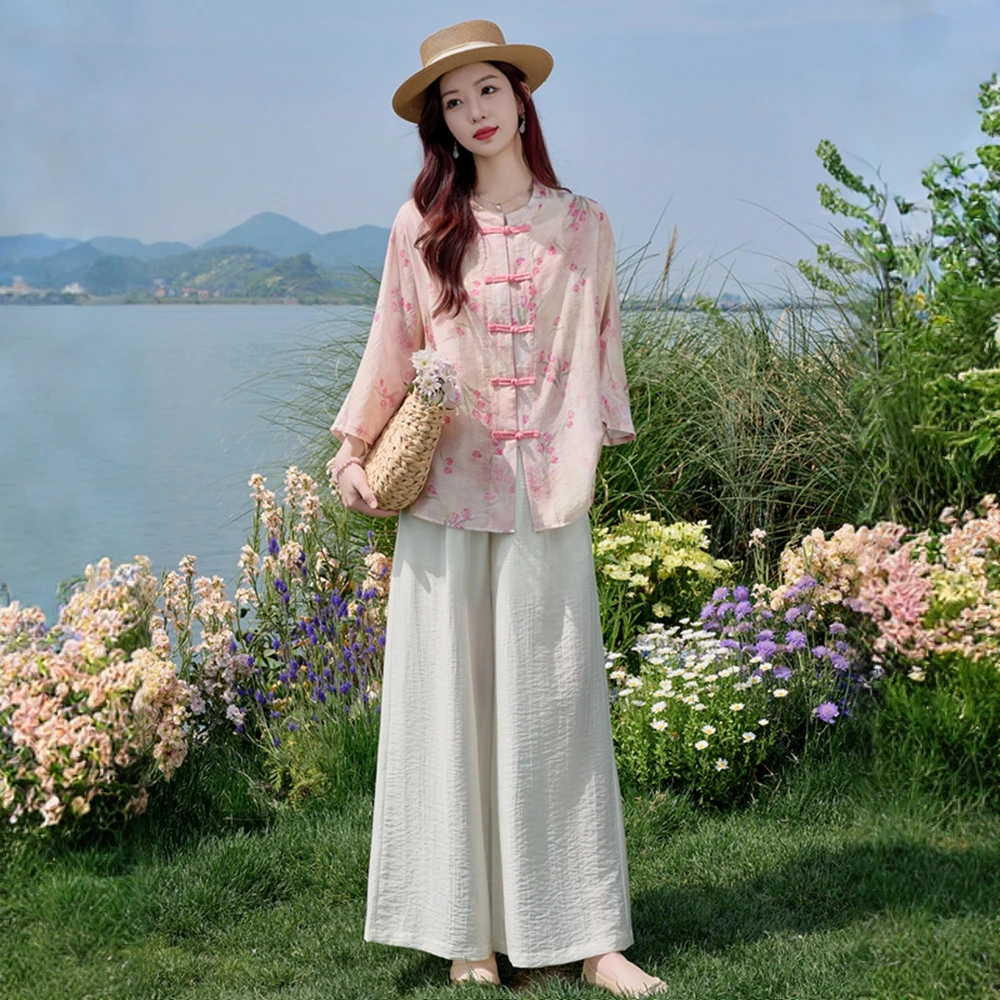 玛古芭新中式套装女2025春秋季新款粉色盘扣印花衬衫阔腿裤两件套