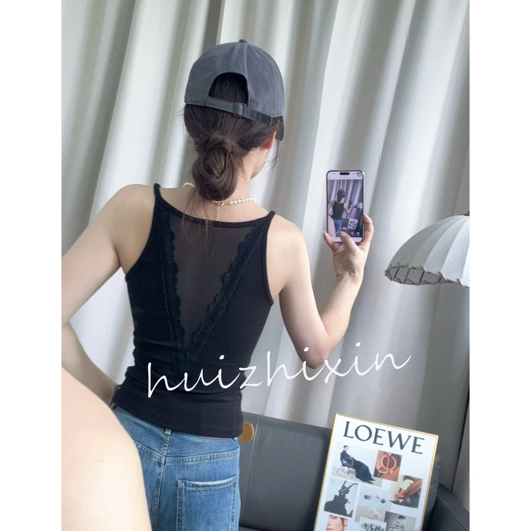 【岳姐姐】早秋小众蕾丝拼接内搭美背杯垫一体抹胸吊带背心女8082
