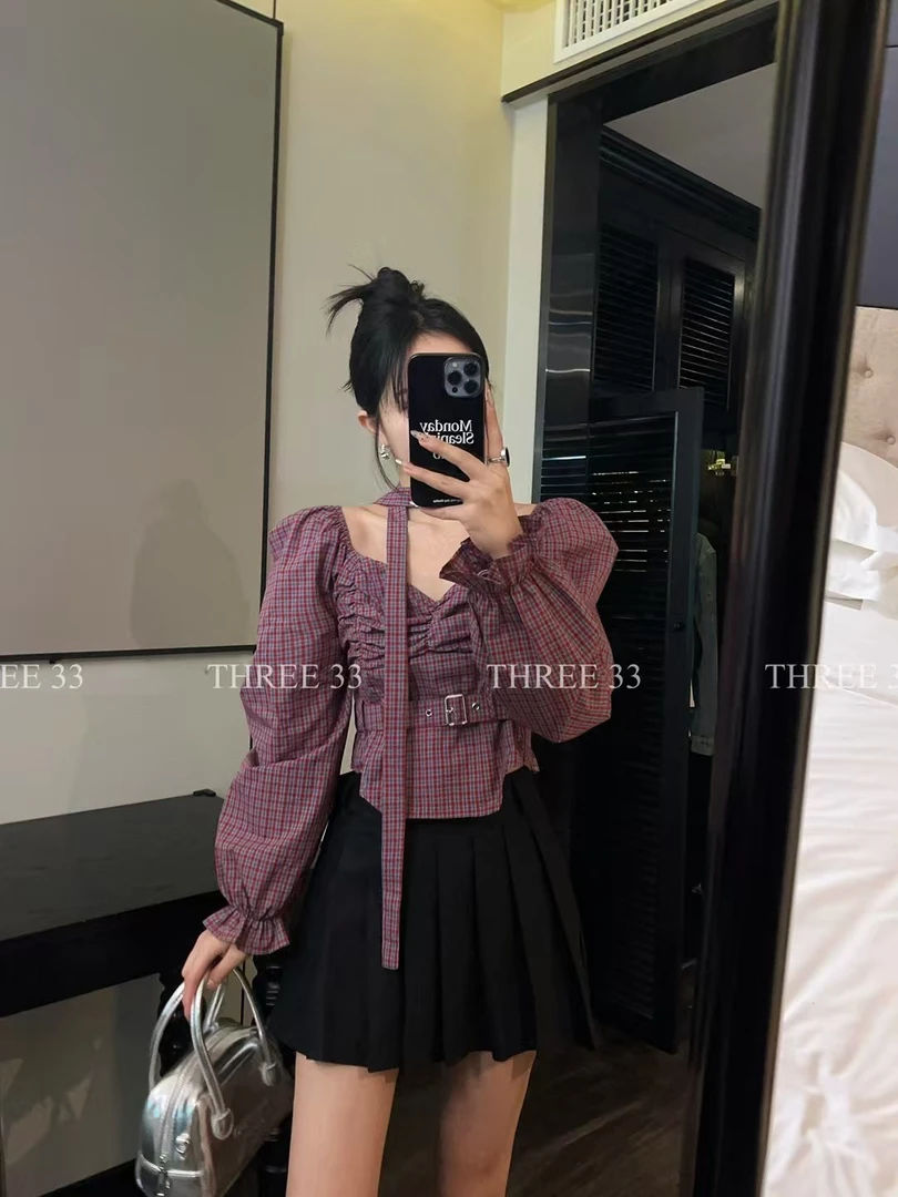 （大發）春季新款飘带格子一字肩收腰显瘦洋气上衣