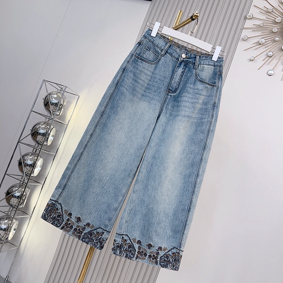 【八分刺绣蓝牛】国风刺绣高腰显瘦百搭时尚水洗牛仔裤p5331