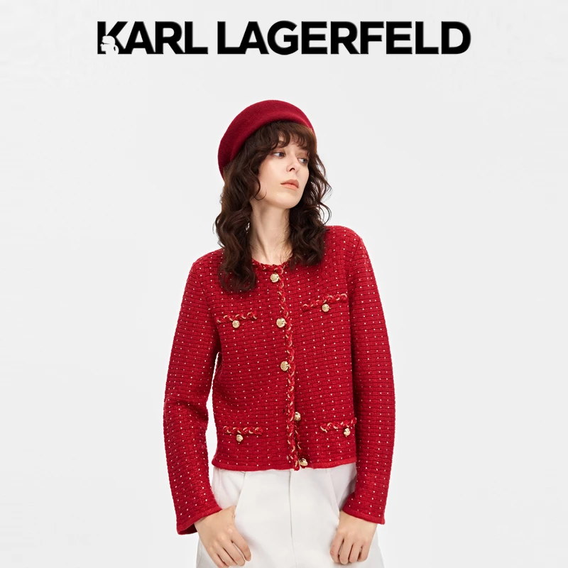 KARL LAGERFELD红色花边烫钻外套开衫P21E2215