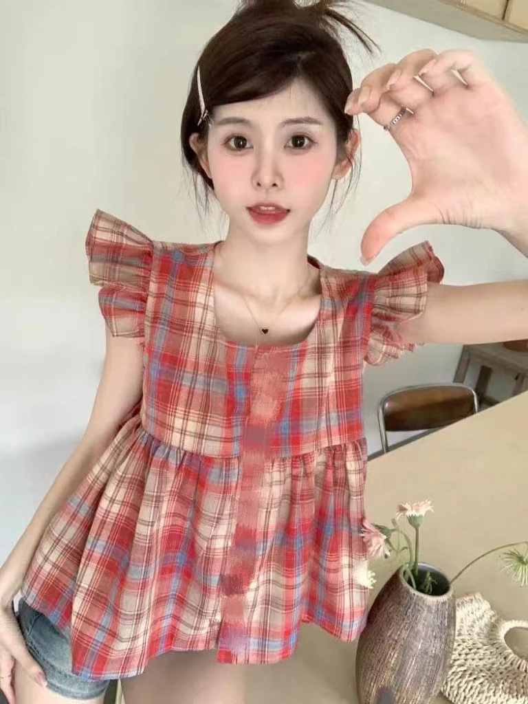 新疆包邮【9832】格子飞飞袖衬衫-衣长56