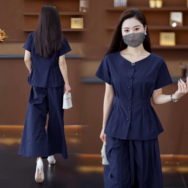 轻熟风复古阔腿裤套装女2025夏季新款休闲时尚收腰显瘦裙裤两件套