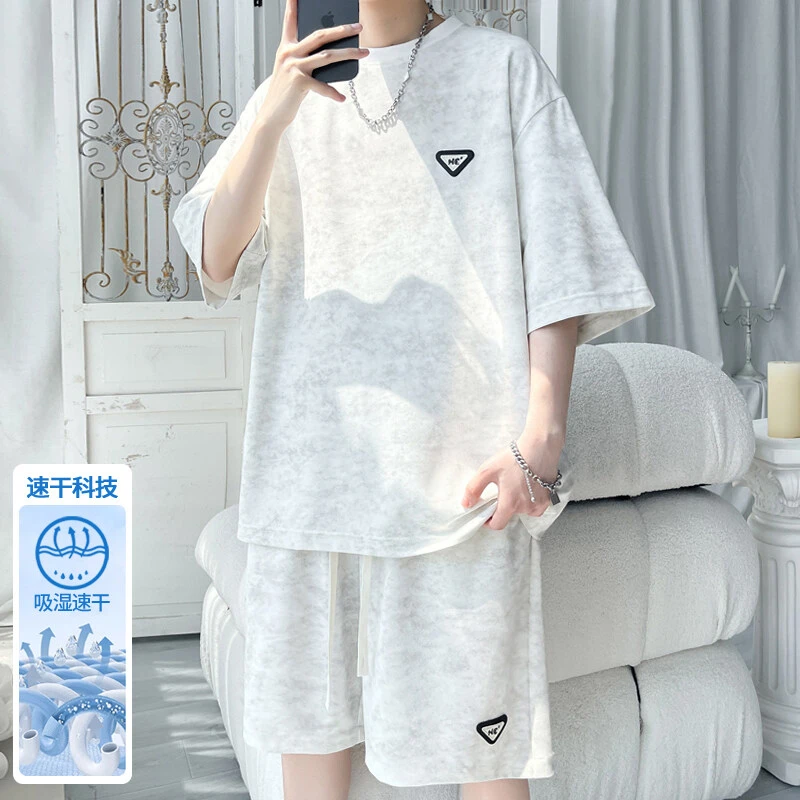 扎染套装男2025夏季新款潮流百搭绣标轻薄宽松休闲短袖短裤两件套