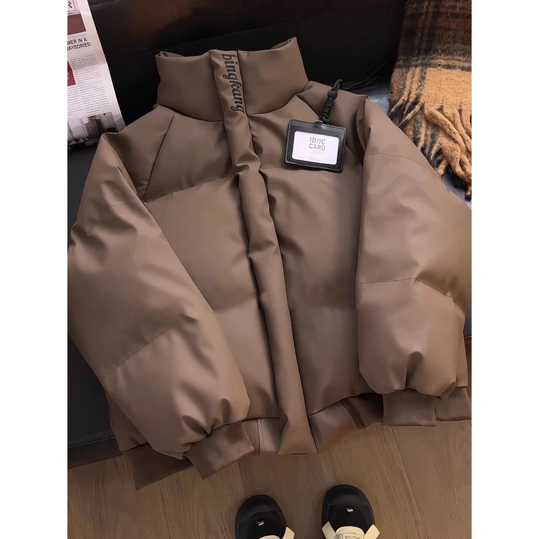 咖色刺绣立领羽绒棉服男款冬季美拉德穿搭pu皮外套加厚保暖面包服