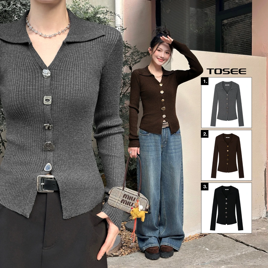 TOSEE 不规则金属装饰扣假门襟翻领长袖毛衫冬季新款TO253SZ0296